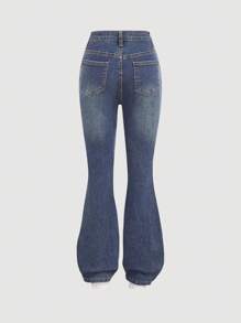 SHEIN بنطلون جينز أزرق كلاسيكي ضيق مرن ذو خصر منخفض وقصة واسعة للمراهقات