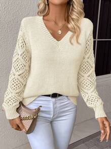 EMERY ROSE Casual Versatile Solid Color Hollow-Out Knit Patchwork Sweater In Fall/Winter - White - View 4