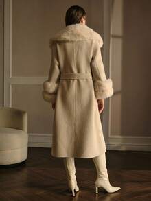 MOTF PREMIUM WOOL CONTRAST FUZZY DETAIL PATCH POCKET BELTED OVERCOAT - Beige - View 8