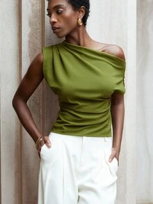 Aveloria Modichic Classy Commuting Well-Cut Old Money Style Asymmetric Shoulder Design Ruched Small Cap Sleeve Gathered Waist Women's Blouse