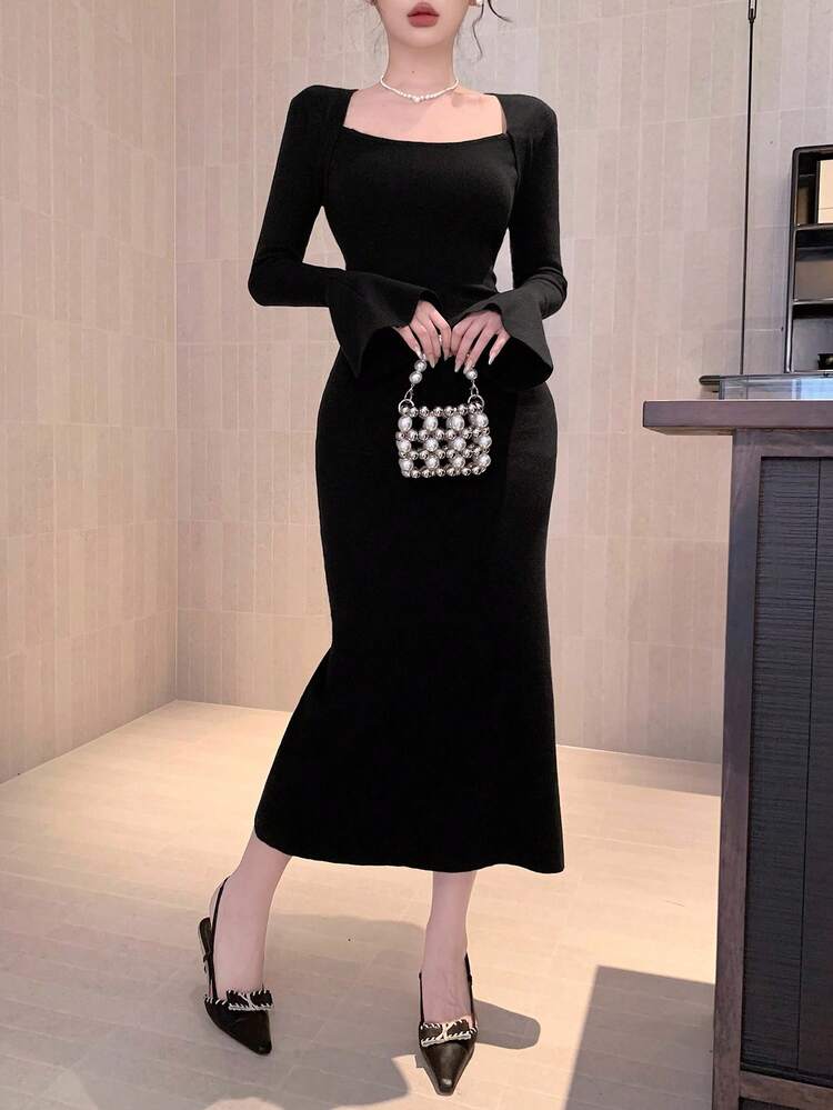 Women's Solid Color Long Sleeve Fitted Sweater Dress, Suitable For Banquet In Autumn/Winter Prom Dress