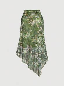 SHEIN MOD Plus Size Women's Waist Ruched Side Tie Asymmetrical Hem Vintage Print A-Line Skirt, Van Gogh Painting Print Green Retro Skirt, Halloween Costume