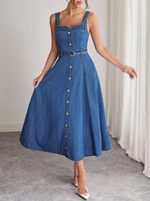 Elenzga 女式无袖单排扣长款牛仔连衣裙 - 中等水洗藍 - 查看 6