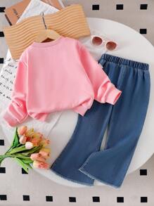 Elladie kids 两件套女童粉色圆领长袖蝴蝶结卫衣搭配喇叭牛仔裤，时尚甜美可爱，适合秋冬季节。粉色蝴蝶结牛仔裤，儿童粉色蝴蝶结牛仔裤，粉色蝴蝶结套装，女童粉色蝴蝶结卫衣，秋冬季 - 卡其色 - 查看 2