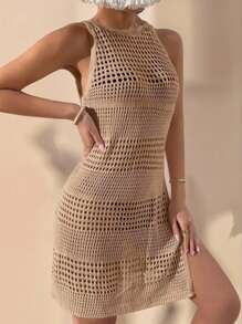 EMERY ROSE Women'S Round Neck Hollow Out Loose Cover-Up Dress With Side Slits,Summer Beach - Khaki - View 5