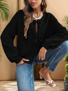 EURMUSE Casual Loose Solid Color Tie Front Long Sleeve Cardigan For Women,Cardigans,Petite,Tall