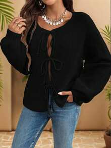 EURMUSE Casual Loose Solid Color Tie Front Long Sleeve Cardigan For Women,Cardigans,Petite,Tall