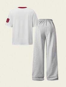 2件套休闲学院风女孩数字图案V领短袖阔腿运动裤套装 - 彩色 - 查看 3