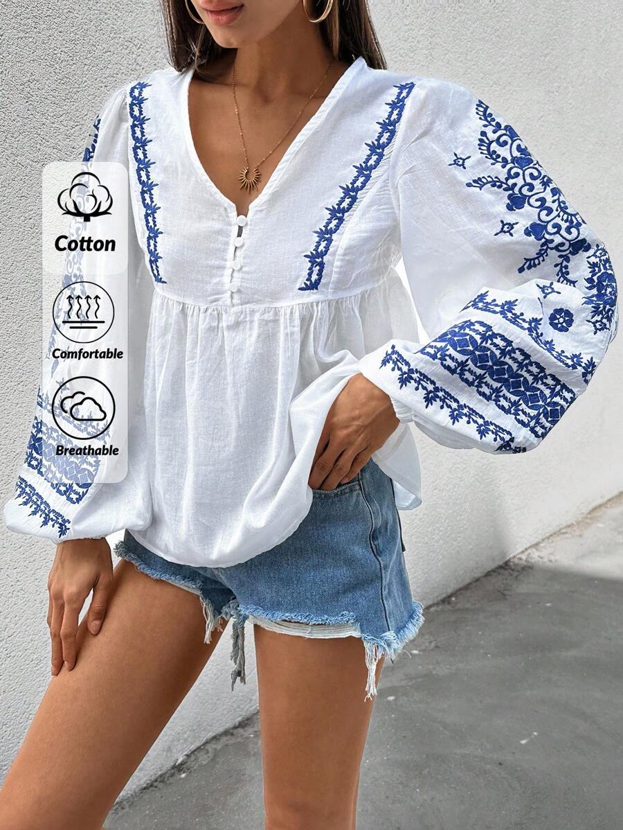 SHEIN Cottnline Blouse With Flower Embroidery, Lantern Sleeves, Boho Style - White - View 1