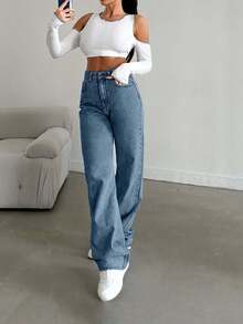 EURMUSE Snow Wash Straight Leg Jeans High Rise ,Petite Women - Blue - View 7