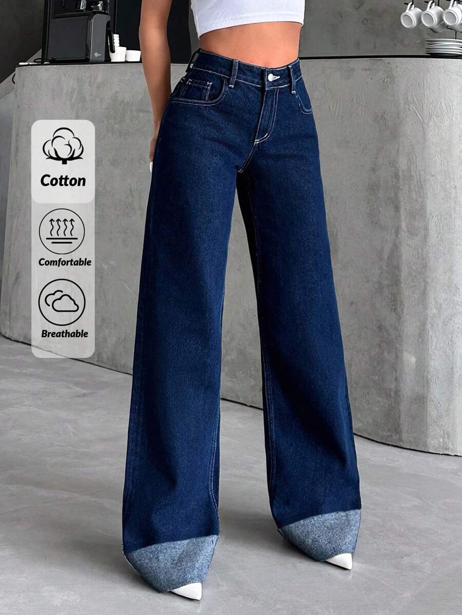 EURMUSE Casual Loose Rolled Up Wide Leg Jeans - Dark Wash - View 1