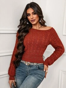 SHEIN LUNE Halloween Sexy Oblique Shoulder Gold Thread Orange Long Sleeve Waist Fitted Knit Sweater, Suitable For Commuting, Autumn/Winter,Maillard Style - Orange - View 4