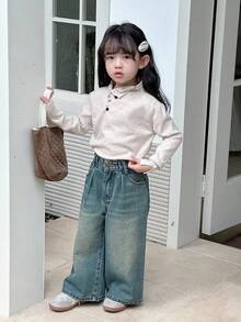 DAZY 年轻女孩街头休闲韩版水洗宽松阔腿长款牛仔裤 - 藍色 - 查看 5