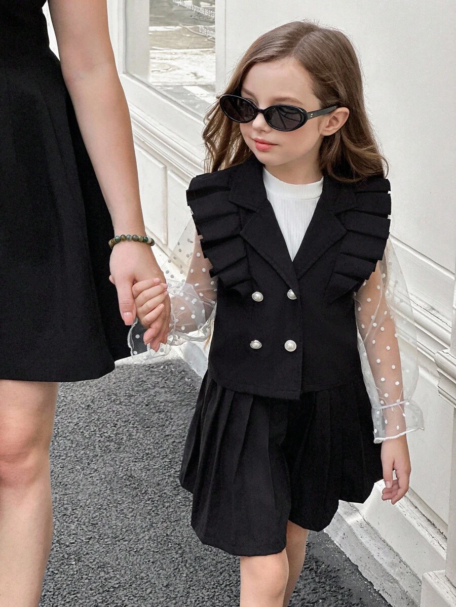 SHEIN 3pcs Young Girls Fashion White Mesh Long Sleeve Ribbed Undershirt,Sleeveless Pearl Button Jacket&Pleated Skirt Set,Comfortable Autumn/Winter Clothing - Black - View 1