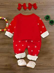 SHEIN 女婴圣诞节可爱卡通驯鹿和雪人印花，休闲宽松红色节日圆领柔软针织毛衣和裤子套装，适合秋冬季圣诞节 - 彩色 - 查看 3