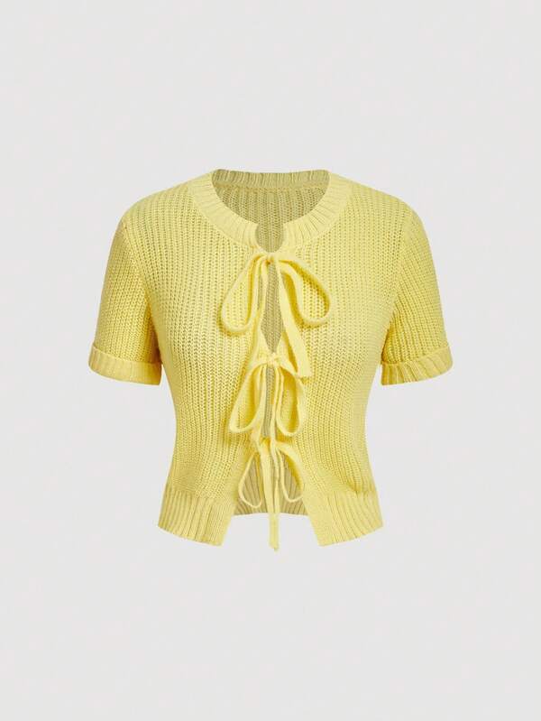 Skyraze Women's Casual Minimalist Solid Color Front Twist Short Sleeve Cardigan,Brunch Women,Renaissance Fair,Formal Gown,Concert Women,Tea Party Tops,Back-To-School Clothing,Women's Loose Hollow Thin Button Cream Yellow Top, Autumn Winter Clothes For Women