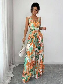 Elenzga 女士花卉印花褶饰腰部连体裤，优雅适合度假和日常通勤 - 綠色 - 查看 6