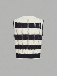 Skyraze Lässiger Pullover Cardigan mit Streifen in Kontrastfarbe für Damen mit Rundhalsausschnitt, für Brunch-Damen, Renaissance-Messe, formelle Abendgarderobe, Konzert-Damen, Teeparty-Oberteile, Kleidung für den Schulanfang - Verschiedenfarbig - Übersicht 2