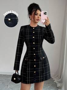 Elenzga 女式格子圆领长袖金属单排扣优雅短款连衣裙 - 黑色 - 查看 4