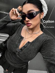 Muchica 大码休闲复古水洗修身长袖T恤 - 黑色 - 查看 3