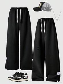 SHEIN 青少年男孩松紧腰抽绳宽松直筒黑色休闲运动裤 - 黑色 - 查看 8