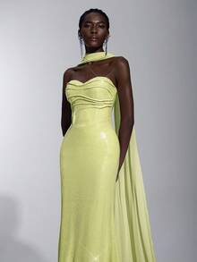 Elitara 优雅奢华的薰衣草色亮片 V 领褶皱紧身胸衣美人鱼下摆正式礼服，适合女士正式晚礼服 - 綠色 - 查看 2