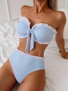 SHEIN Swim Spring/Summer Beach Vacation Striped Print Ruched Neckline Ruffled Hem Top And Ruffled Waist Shorts 2 Pieces Set - Multicolor - View 3