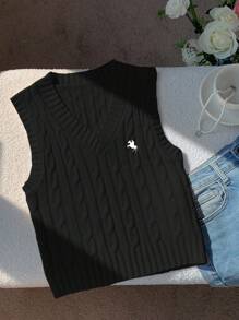 Comfortcana Women's Casual V-Neck Equestrian Embroidery Cable Knit Sweater Vest Going Out Tops Women,Tops For School In Fall/Winter