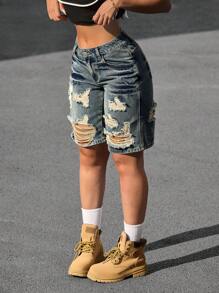 SHEIN PETITE Shorts vaqueros desgastados y lavados de mujer de estilo casual - Azul - Ver 3