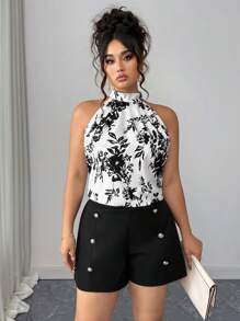 SHEIN PETITE 2件套加大码女式花卉印花褶饰露背上衣和短裤套装 - 彩色 - 查看 6