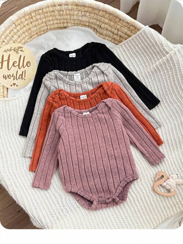 SHEIN 4pcs Newborn Baby Girl Boy Knitted Long Sleeve Bodysuit,Solid Color Autumn Sweater Bodysuits,Unisex Neutral Clothes,Rusty Dusty,Casual,Family Matching