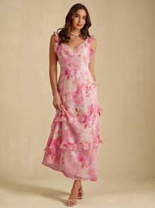 Enchnt 女士休闲浪漫优雅荷叶边修腰无袖连衣裙 - 粉色 - 查看 4