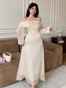 Modelyn Women's Glossy Fabric Double-Layer Asymmetric Neck Long Sleeve Dress, Autumn