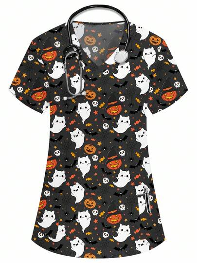 PopScrub Women's V-Neck Short Sleeve Double Pocket Cute Ghost Cat Witch Pumpkin Skull Print Nurse/Doctor Work Uniform Top/ Examination Surgical Scrubs