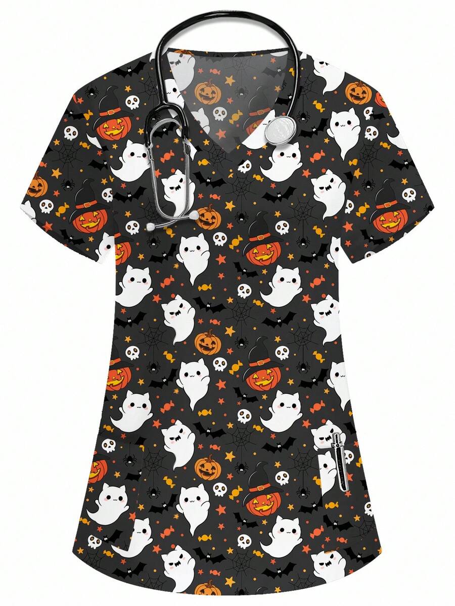 PopScrub 女士V领短袖双口袋可爱鬼猫女巫南瓜骷髅印花护士/医生工作制服上衣/检查手术服 - 深灰色 - 查看 1