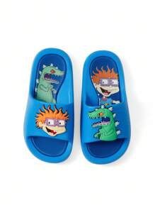 Nick 90s | SHEIN 可爱卡通恐龙和卡通人物图案儿童一脚蹬拖鞋，适合幼儿和儿童，防滑速干淋浴滑梯，轻便耐用的 EVA 材质，适合室内、浴室、游乐场、游泳池、海滩室内室外 - 藍色 - 查看 6