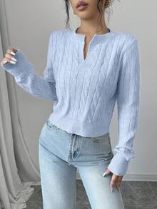 EURMUSE Damtröja med v-ringning och långärmad, avslappnad, kort tröja, tvinnad kabelmönster - Babyblå - Visa 3