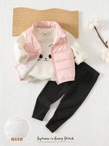 Cozy Pixies 3 件套女婴卡通猫咪图案针织柔软圆领长袖运动衫、羊毛背心和松紧腰打底裤套装 - 粉色 - 查看 1