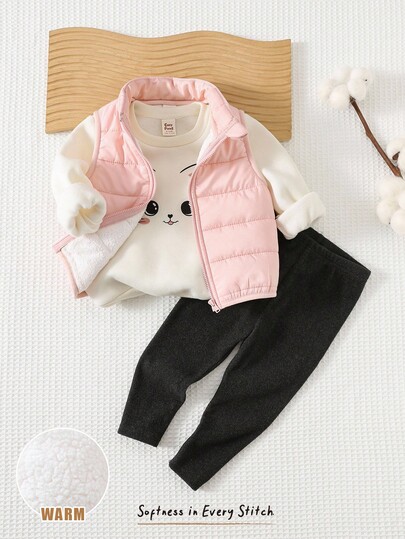 Cozy Pixies Conjunto de 3 piezas para bebé niña con suéter de cuello redondo de manga larga con estampado de gato de dibujos animados, chaleco de felpa y leggings de cintura elástica