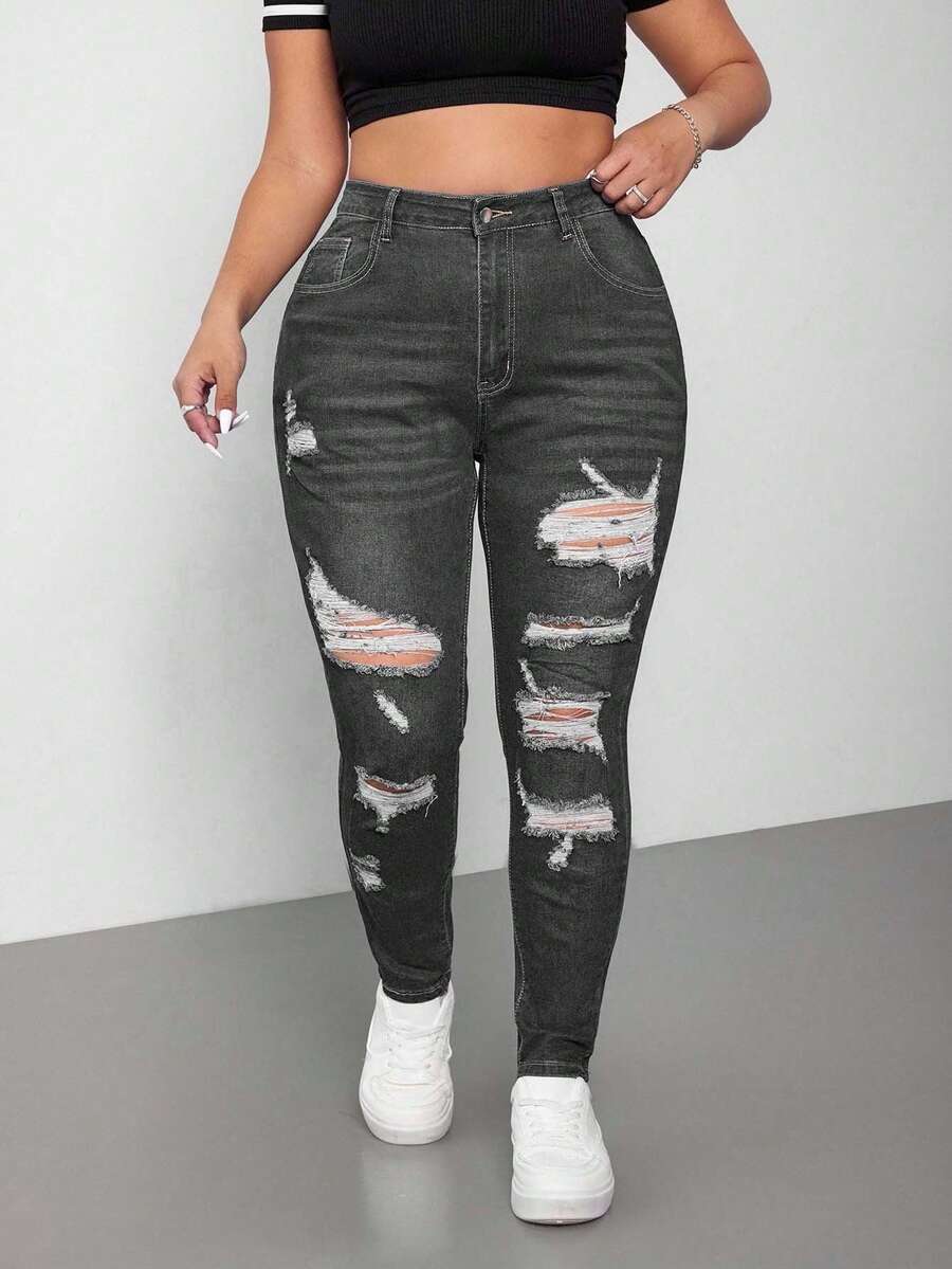 SHEIN Cottnline Plus Size Medium Wash Blue High Stretch Skinny Distressed Sexy Jeans - Grey - View 1