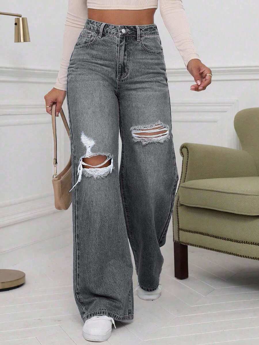 Jeans a vita alta lavati in denim blu, strappati, a gamba ampia