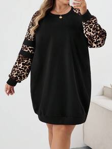 SHEIN CURVE+ Vestido de sudadera casual con mangas raglán y parches de estampado de leopardo para mujer de talla grande en otoño/invierno - Multicolor - Ver 6