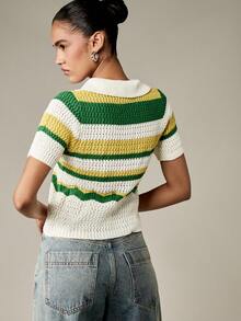 MISSGUIDED Retro Crochet Knit Polo Top Vintage Inspired Cropped Length Striped Pattern Collared Summer Spring Fashion Y2K Style