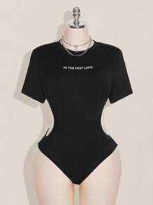 SHEIN ICON 加大码 Y2K Baddie 女款黑色高弹镂空轻薄无缝针织连体衣 - 黑色 - 查看 3