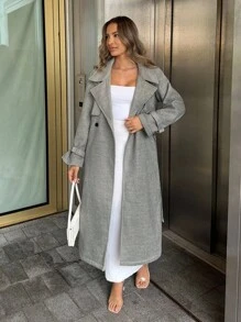 Chiquease Women's Long Gray Double-Faced Knitted Blend Coat With Metal Buttons And Tie Waist