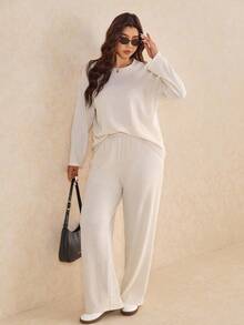 Elaquor 2pcs Plus Size Solid Color Drop Shoulder Long Sleeve Casual Loose Textured Fabric Top And Pants Set - Apricot - View 5