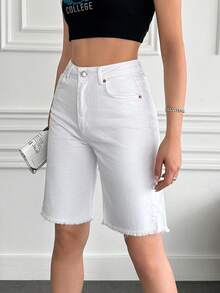 EURMUSE 100%Cotton Rigid, Hem Detailed Bermuda Short - White - View 5