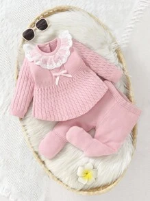 SHEIN 2pcs Baby Girls'  Casual Cute Sweater Dress And Knit Leggings Set, Featuring Twisted Cord, Lace Trim, Bow Details, Soft Knit, Suitable For Daily, Outdoor, Travel, Holiday, Home, Daycare And Playtime Occasions - Pink - View 4