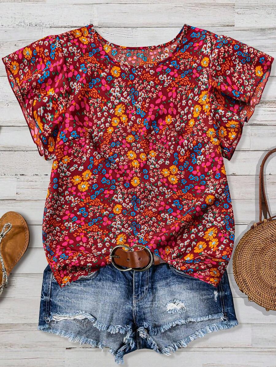 SHEIN LUNE 女式碎花常规版型度假休闲通勤衬衫,带荷叶边袖子 - 酒紅色 - 查看 1