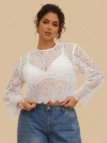 SHEIN VCAY Plus Size White Summer Boho Tea Party Mesh Embroidered Round Neck Long Sleeve Cropped Women Top Lace Blouse Sheer Civil Wedding Vacay Tops - White - View 5